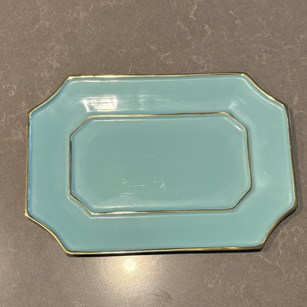 Elegant Beatriz Ball lt aqua Serving Platter with Gold Trim 12.5x9”